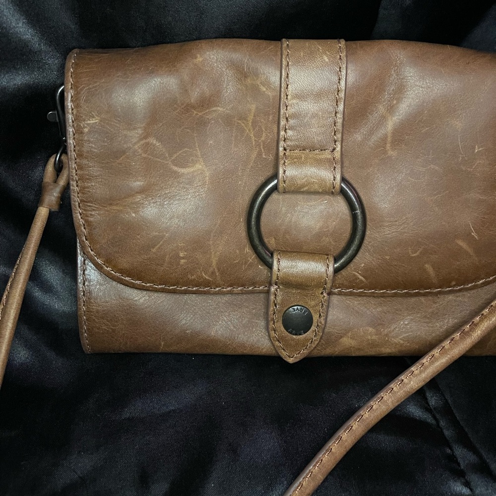 Frye brown leather fold flap crossbody purse. Used.